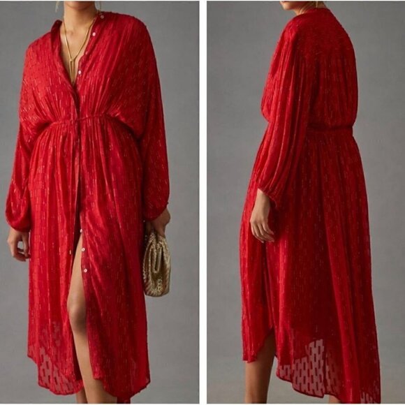 Anthropologie Women's Allene Shimmer Maxi Dress W/ Gold Metallic in Red Size XXS - Picture 1 of 14